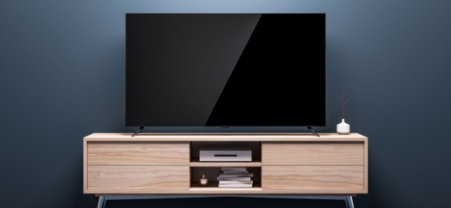 Smart Tv Mockup with black glossy screen on console in living room Startlap Vásárlás