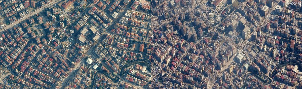 Antakya, Törökország. A bal oldali kép 2022.12.22-én, a jobb oldali 2023.02.06-án készült.