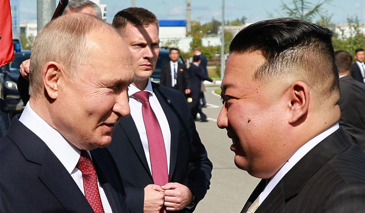 Vlagyimir Putyin és Kim Dzsongun találkozása Oroszországban.
