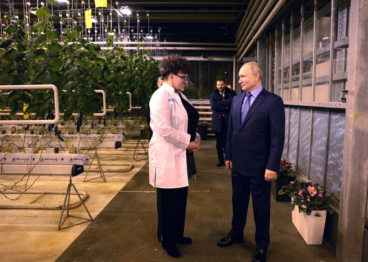 Vlagyimir Putyin és Natalja Makatrova zöldségtermesztő beszélget a melegházban .