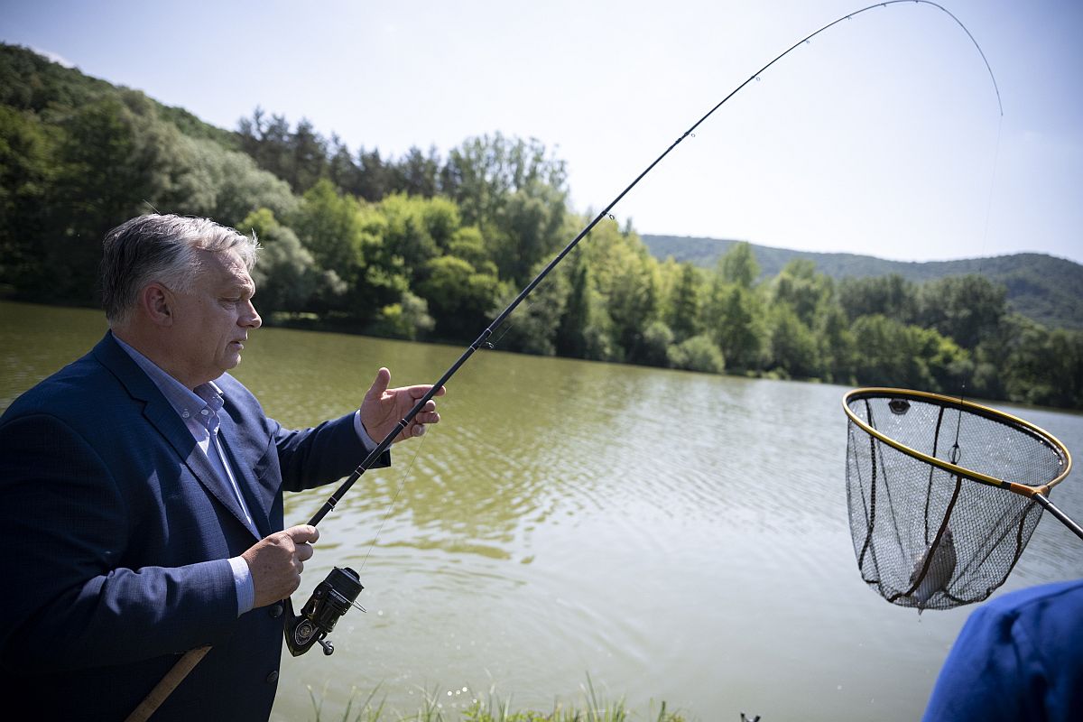 A Miniszterelnöki Sajtóiroda által közreadott képen Orbán Viktor miniszterelnök, a Fidesz elnöke horgászik országjáró kampánykörútjának esztergomi állomásán, Esztergom-Búbánatvölgyben 2024. május 11-én.