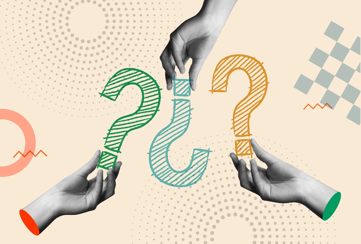 Question marks and human hands in retro collage vector illustration - Startlap