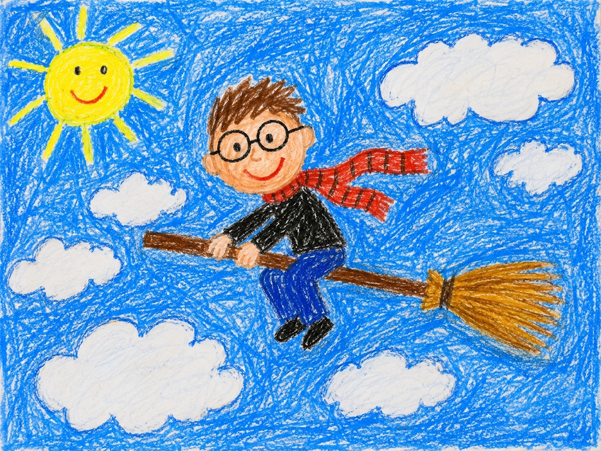 harry_potter_rajz_ - Startlap Egy AI gyerekrajzon egy fiú repül a felhők között seprűvel