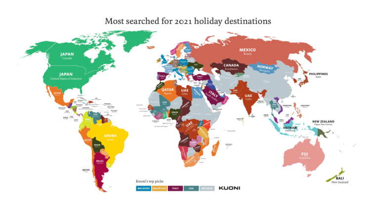 A világ 2021-es turizmustérképe Google keresések alapján.