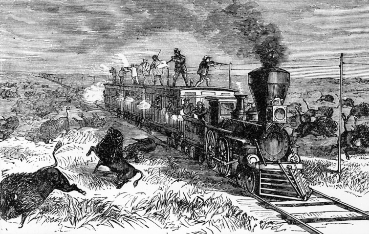 Vonatról bölényre vadászó férfiak 1875 körül.