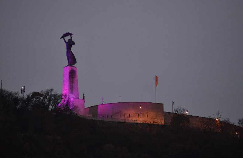 A koraszülöttek világnapja alkalmából lila fénnyel kivilágított Szabadság-szobor Budapesten