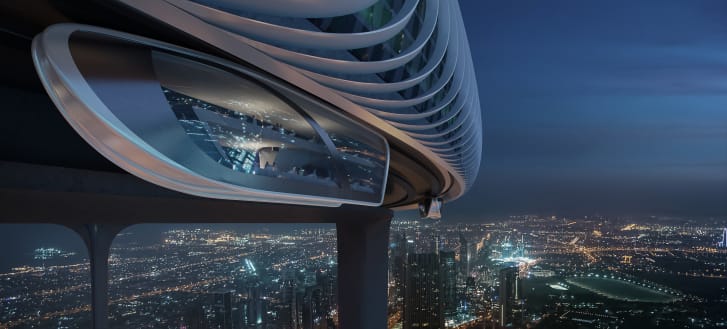 A körgyűrű látványképe az éjszakai Dubaj látványával