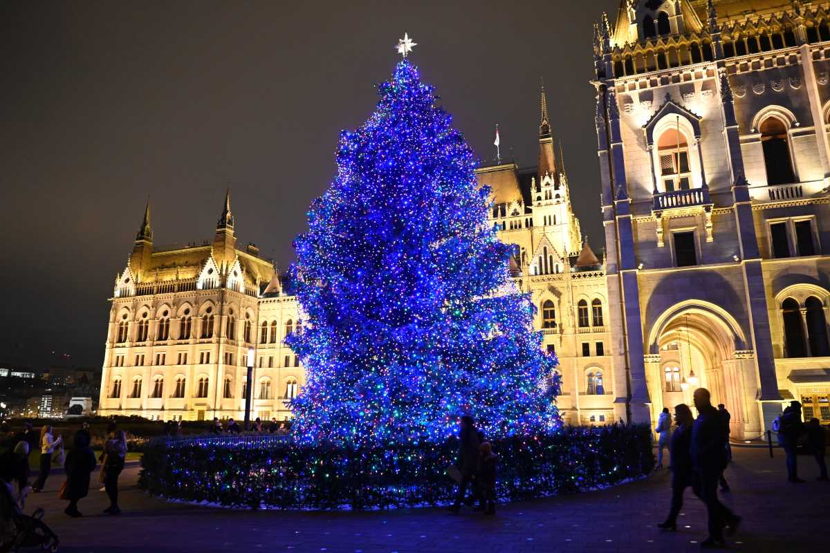 Az ország karácsonyfája díszkivilágításban az Országház előtt.