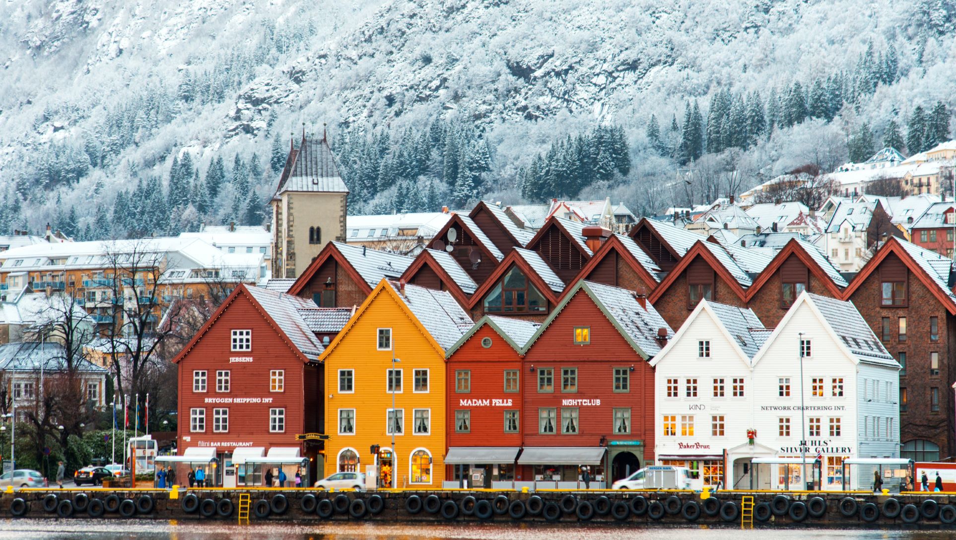 Bergeni házak, háttérben a hegyekben húzódó erdőséggel