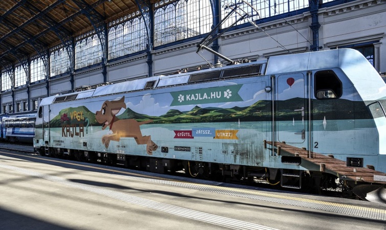 A Hol vagy, Kajla? elnevezésű turisztikai programhoz feldíszített MÁV-START mozdony a felújított 144 éves Nyugati pályaudvar utascsarnokában.