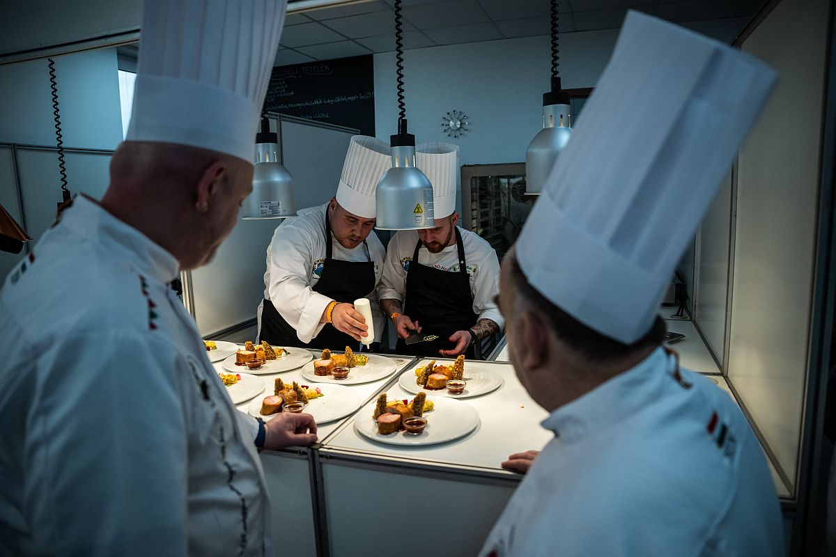 Ételeket tálalnak a Magyarország étele 2023 szakácsversenyen a felcsúti Letenyey Lajos Gimnázium, Technikum és Szakképző Iskolában 2023. március 18-án.