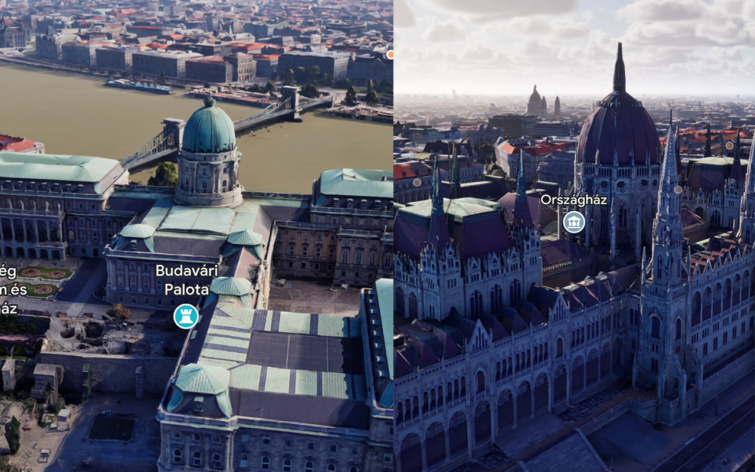 A Google Immersive View nezetén keresztül a Budai vár és a Parlament