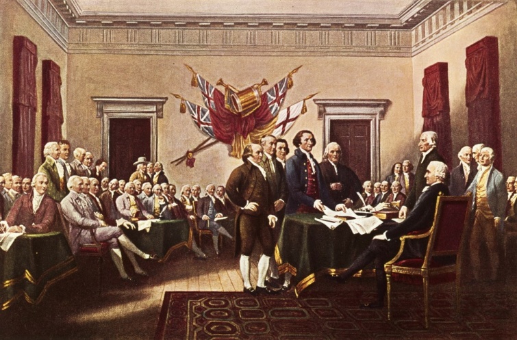 Festményen, ahogy az alapító atyák aláírják a függetlenségi nyilatkozatot 