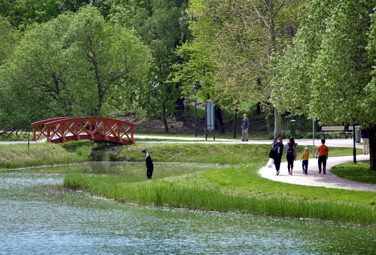 Sétáló, levegőző helybéli lakosok a Millenniumi Közpark (másként Jubileum Sportpark) Csónakázó tava partján körbefutó sétányon, az üde tavaszi fák alatt.