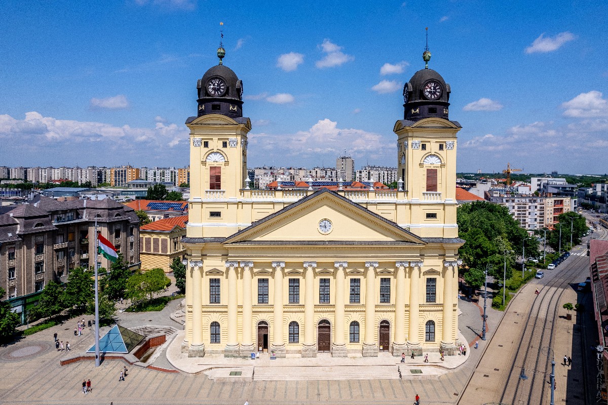 A drónnal készült képen a Debreceni Református Nagytemplom 2023. június 8-án.