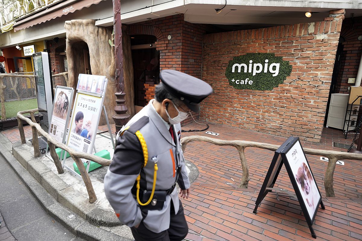 Biztonsági őr egy Mipig kávézó előtt Japánban.