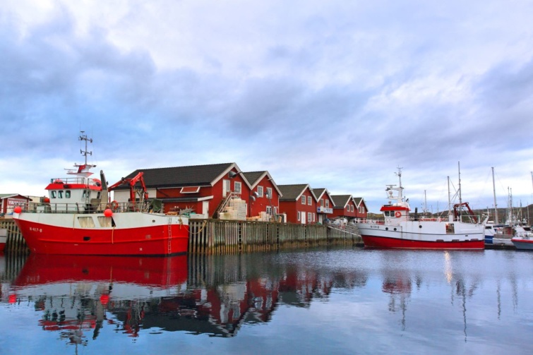 Jellegzetes színes házak a norvégiai Bodø városának kikötőjében.
