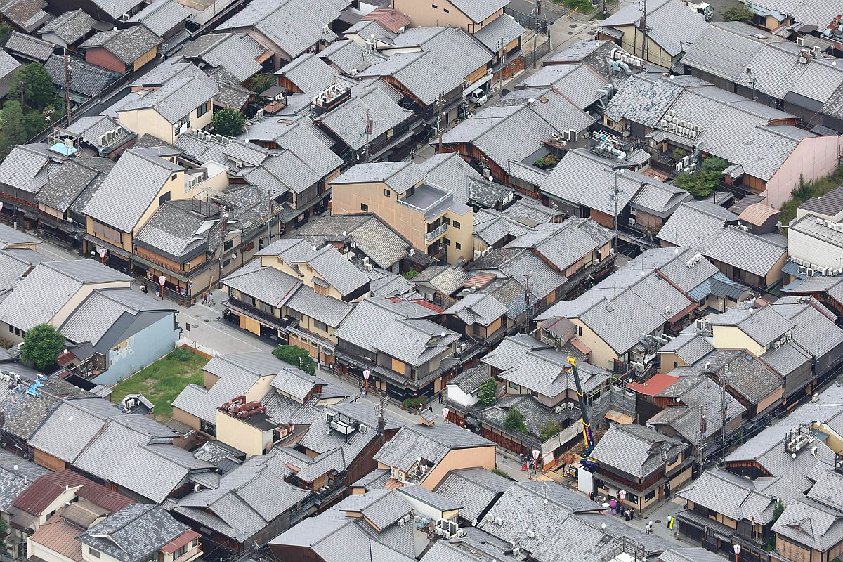 Légi felvétel Kiotó Gion nevű gésanegyedéről.