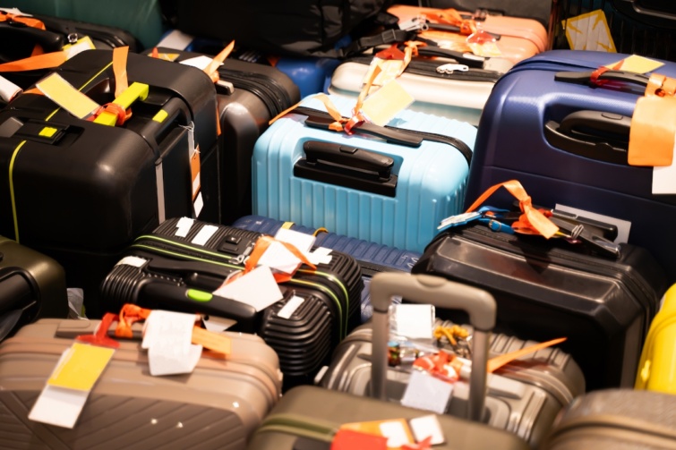Súlyos bőröndök tömege egy repülőtéren, alaposan felcímkézve