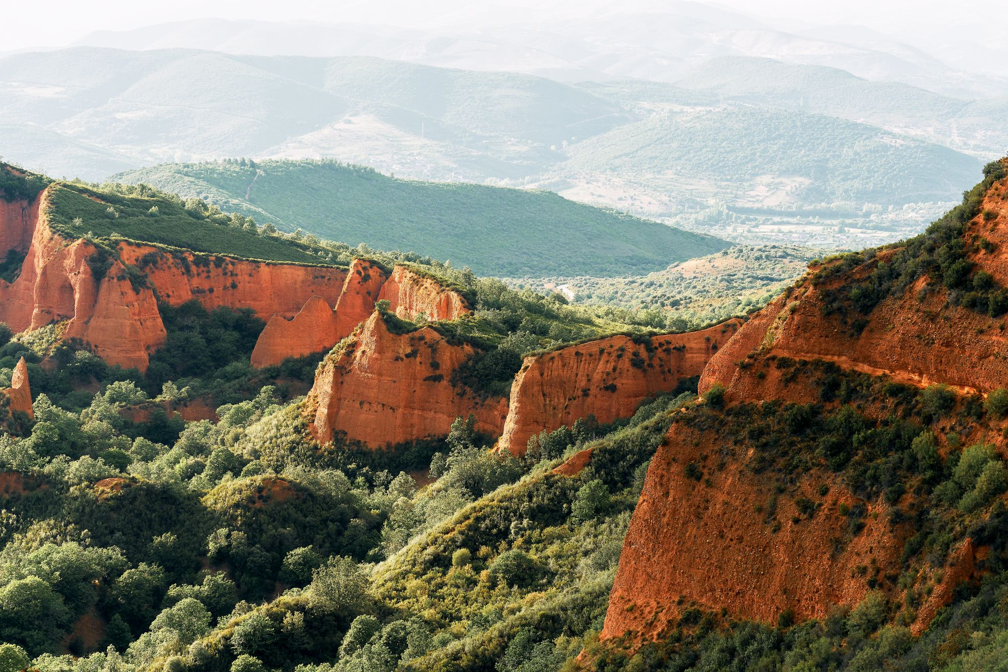 Vörös sziklafalak zöld erdők között.