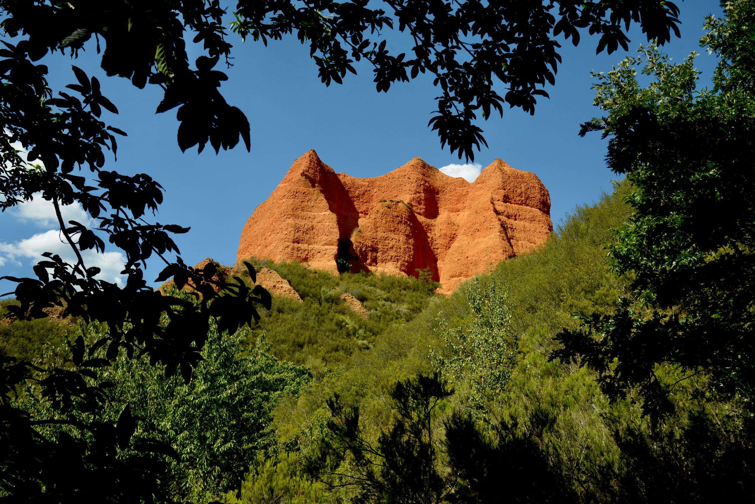 Vörös sziklafalak zöld erdők között.