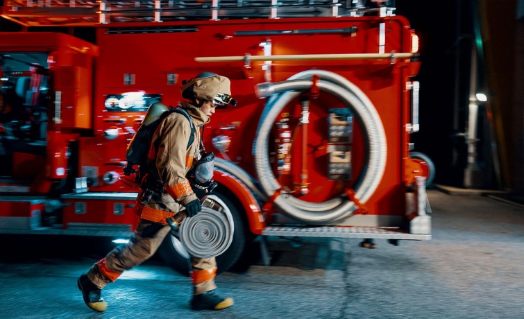 Tűzoltó fut egy tűzoltóautó mellett