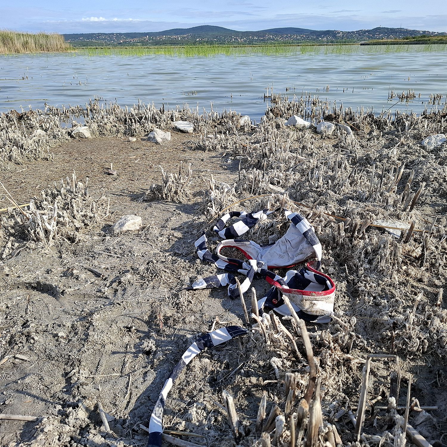 Elhagyott fürdőruhafelső a kiszáradó Velencei-tó medrében.