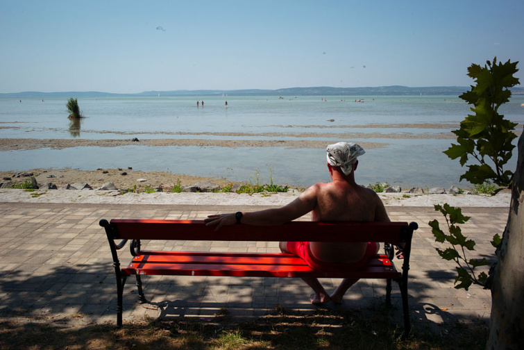 Algásodás miatti veszélyre figyelmeztetik a balatoni strandolókat - Startlap Utazás Férfi ül egy padon egy balatoni strandon az árnyékban.