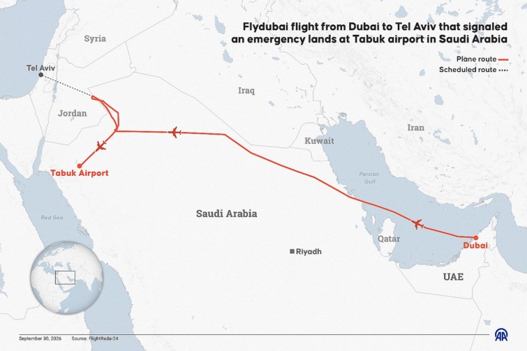 Flydubai flight from Dubai to Tel Aviv that signaled an emergency lands at Tabuk airport in Saudi Arabia - Startlap Utazás Infografika egy repülő útvonaláról.
