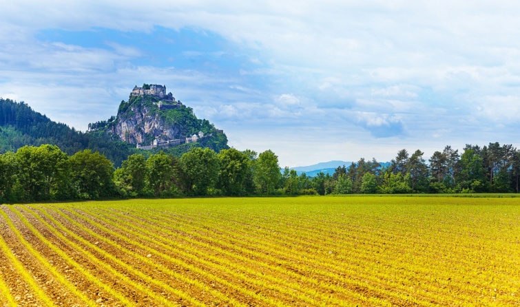 Hochosterwitz castle and cultural fields in Austria - Startlap Utazás Egy sziklaszirten álló vár látképe az előtérben sárga termőföldi növényzettel.