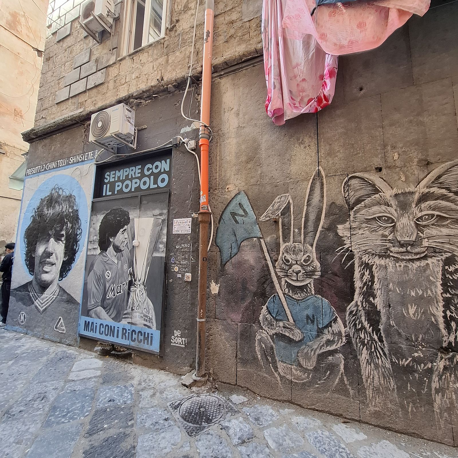 Nápolyi sikátort díszítő falfestmények: balra Diego Maradona portréi láthatók, mellettük Napoli-mezt viselő, zászlót tartó macska és egy nagy, bozontos macska rajza. A háttérben kopott kőfalak, légkondicionáló, narancssárga cső és a magasban száradó rózsaszín ruhák.
