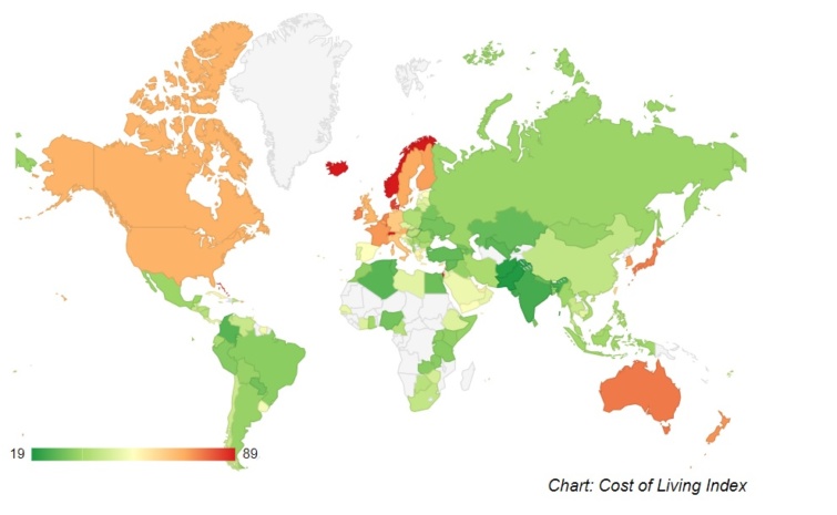Térképen a világ országainak megélhetési költségei