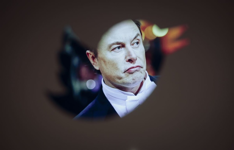 Elon Musk portréfotója a Twitter logóján keresztül.