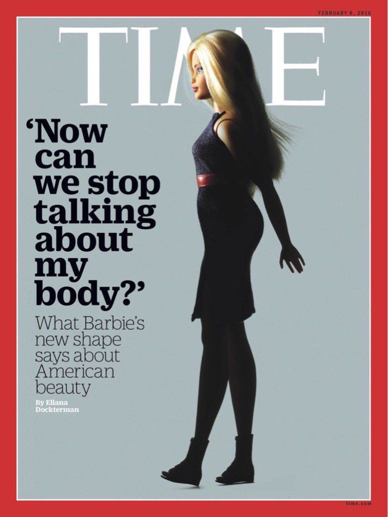 A megváltozott, természetesebb alakú Barbie baba a Time címlapján
