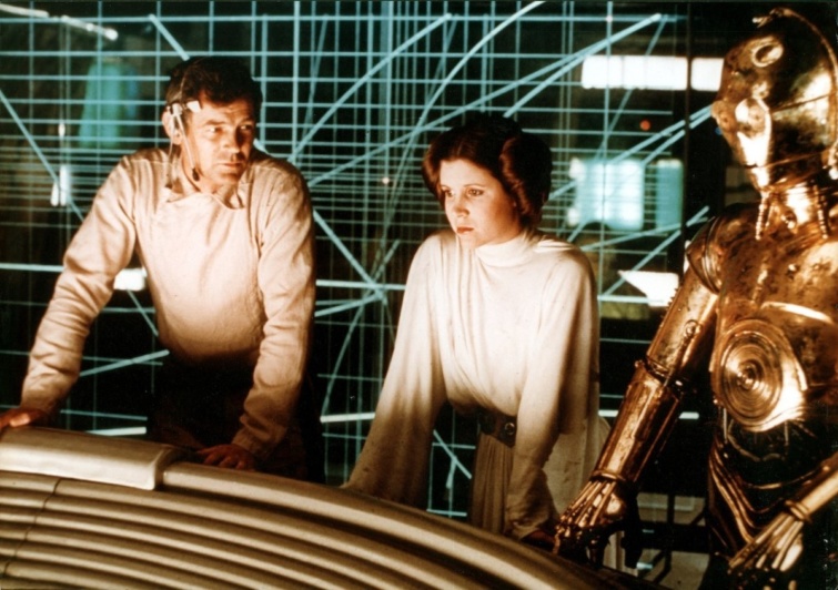Carrie Fisher mint Leia Organa a Csillagok Háborúja, Új remény című filmjében