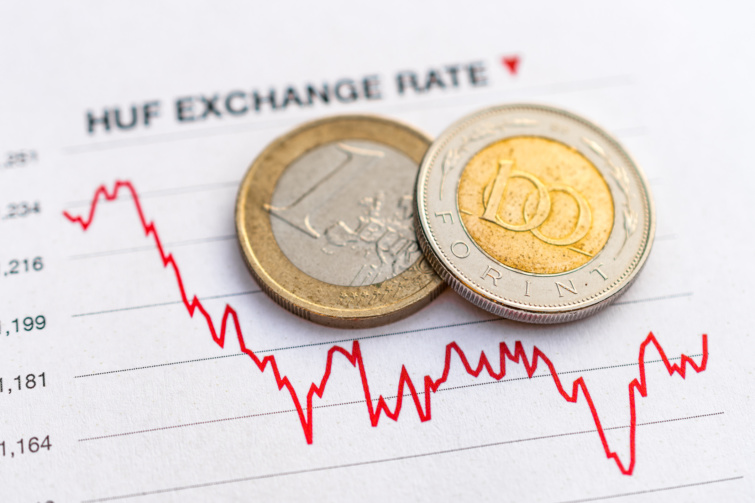 Hungarian forint euro exchange rate Hungarian forint and euro coins placed on a red graph showing decrease in currency exchange rate Startlap Vásárlás Euró és forint érme egymás mellett