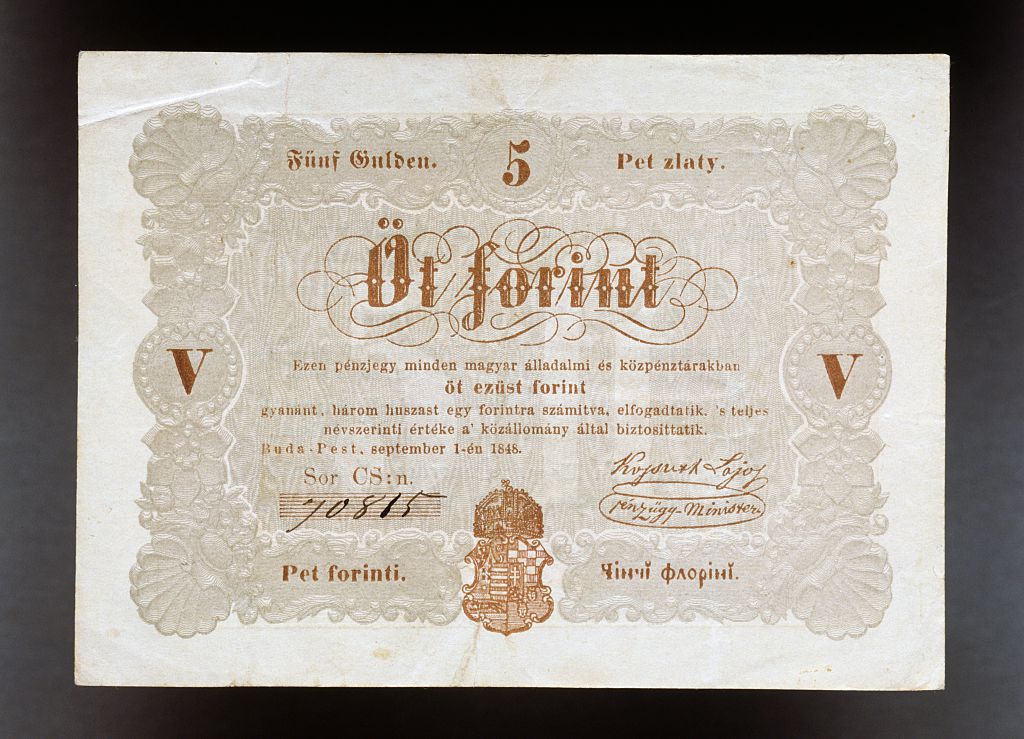 Ötforintos papírpénz, úgynevezett Kossuth-forint az 1848-as szabadságharc idejéből