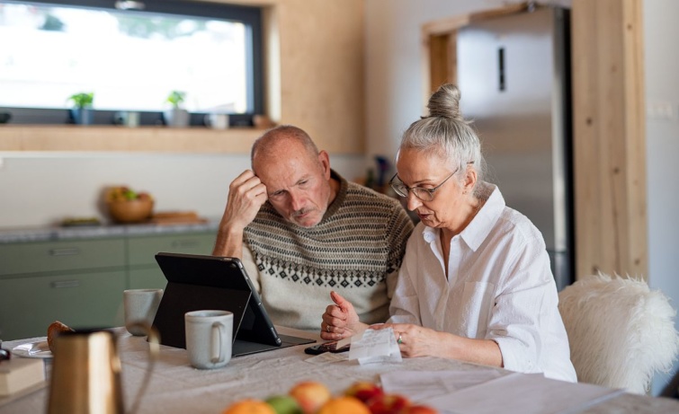 Egy gondterhelt idős házaspár számolást végez a konyhában.