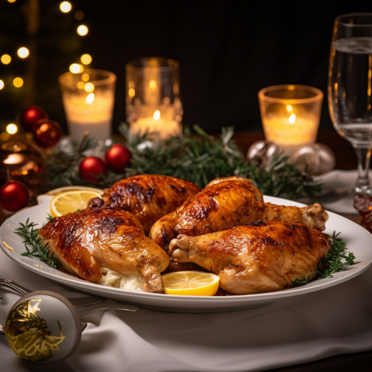 Fokhagymás citromos csirkecombfilé laktózmentes margarinnal karácsonyi terített asztalon a Midjourney képgenerátor elképzelése szerint