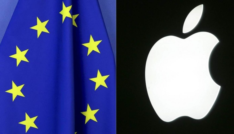 Kollázs az EU zászlójával és az Apple logójával