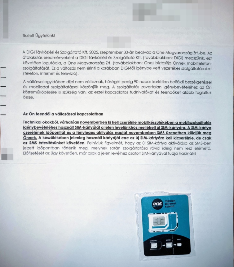 A One hivatalos levele a SIM-kártyával
