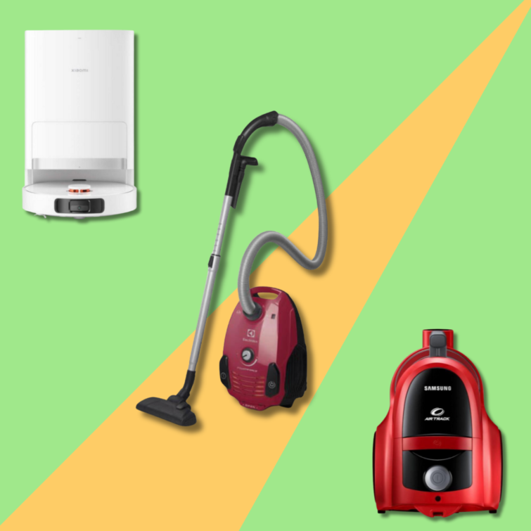 Többféle porszívó színes háttér előtt