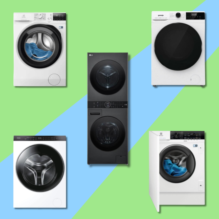 Többféle mosó-szárítógép színes háttér előtt