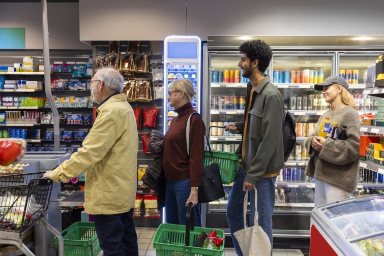 Élelmiszerboltban sorban álló vásárlók