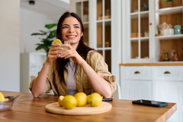 Mosolygó nő citromos limonádét iszik, előtte citromok az asztalon.