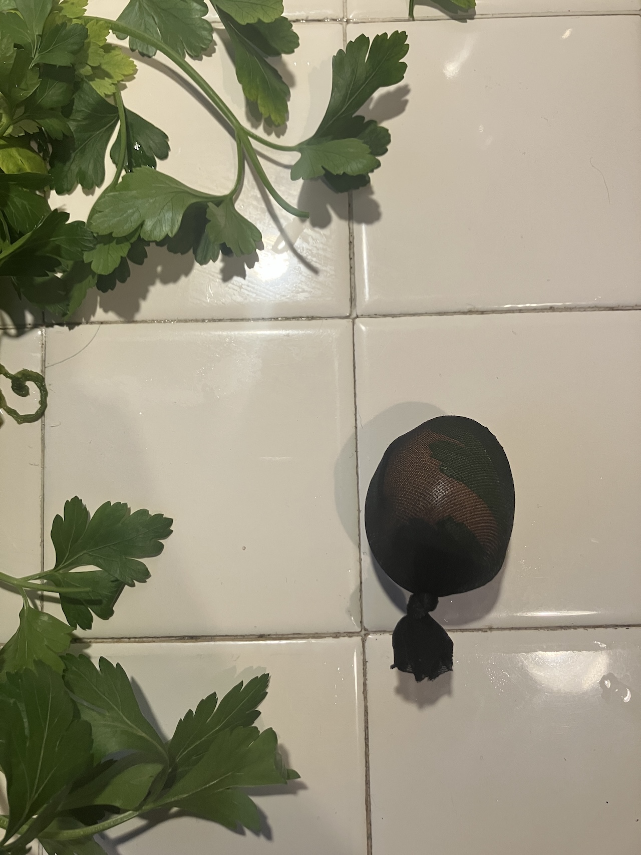 A főzésre váró tojás, amin már levél és harisnya is van