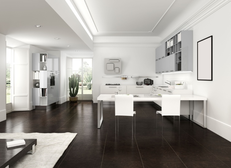 Fehér konyha modern bútorokkal.