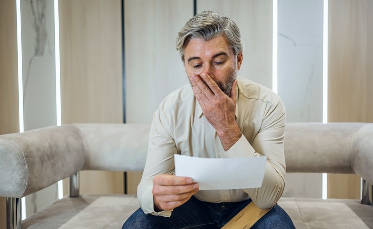 Aggódó középkorú férfi egy levelet olvas.