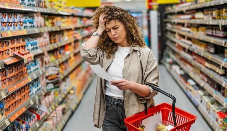 Egy cetlit olvasó nő a hajába túr a boltban.