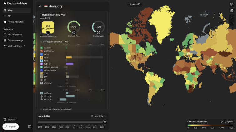 Electricity Maps energiamix Startlap Vásárlás A képen az energiamix látható az Electricity Maps appon országos felbontásban havi adatokkal